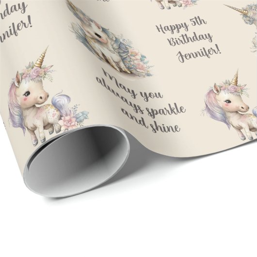 Eigen naam Leeftijd Sentiment Unicorn Birthday Cadeaupapier (Rol Hoek)