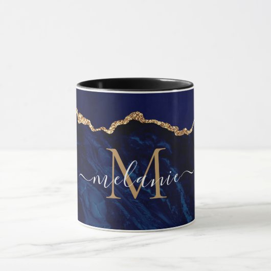 Eigen naam Letter Mok Agate Navy Blue Gold Marble (Midden)
