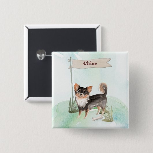 Eigen naam Long Hazard Chihuahua Pet Dog Vierkante Button 5,1 Cm (Voorkant /achterkant)