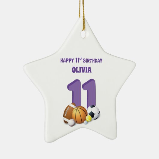 Eigen naam Meisje 11th Birthday Sports Balls Keramisch Ornament (Rechts)