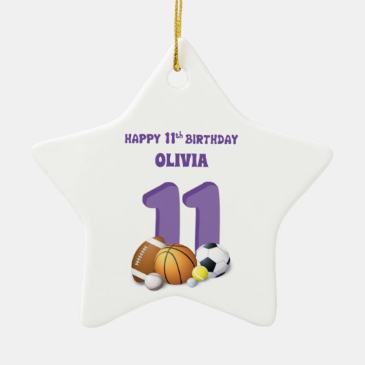 Eigen naam Meisje 11th Birthday Sports Balls Keramisch Ornament (Voorkant)