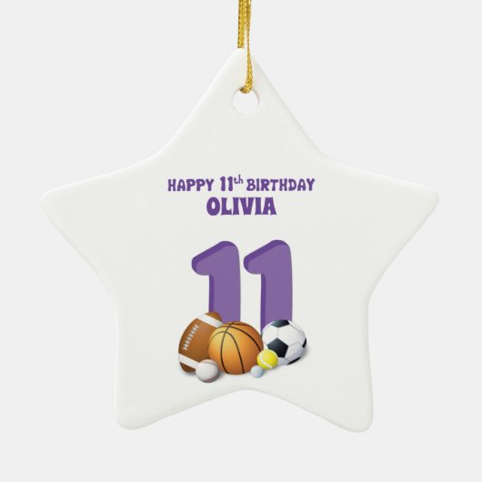 Eigen naam Meisje 11th Birthday Sports Balls Keramisch Ornament (Achterkant)