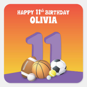 Eigen naam Meisje 11th Birthday Sports Balls Vierkante Sticker