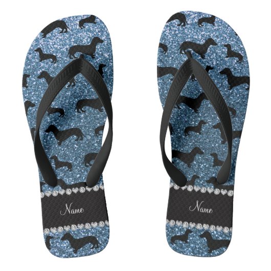 Eigen naam mistblauw glitter dachshunds teenslippers (Voetbed)