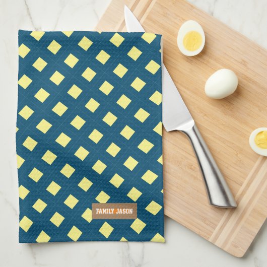 Eigen naam monogram diamanten marineblauw geel theedoek (Quarter Fold)