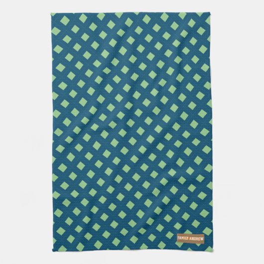 Eigen naam monogram diamanten marineblauw groen theedoek (Verticaal)