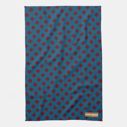 Eigen naam monogram diamanten marineblauw rood theedoek (Verticaal)