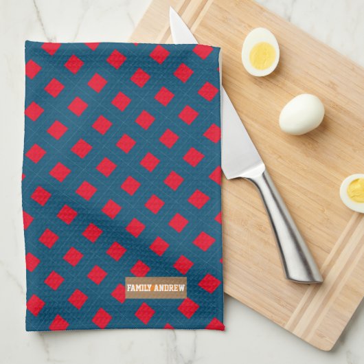 Eigen naam monogram diamanten marineblauw rood theedoek (Quarter Fold)