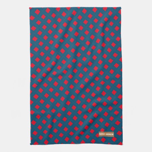 Eigen naam monogram diamanten marineblauw rood theedoek (Verticaal)