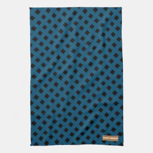 Eigen naam monogram diamanten marineblauw zwart theedoek (Verticaal)