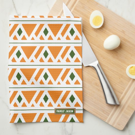 Eigen naam monogram diamanten oranje groen stijlvo theedoek (Quarter Fold)
