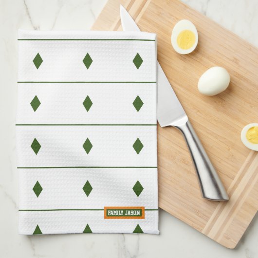Eigen naam monogram diamanten strepen wit groen theedoek (Quarter Fold)