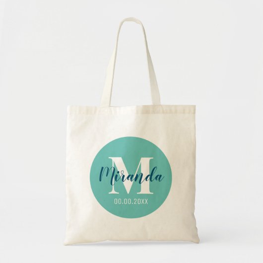 Eigen naam monogram elegant turkooizen blauw tote bag (Voorkant)