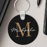 Eigen naam Monogram Glamoureus Script Black Sleutelhanger<br><div class="desc">Creëer uw eigen gepersonaliseerde zwarte ronde sleutelhanger met uw handgeschreven manuscriptnaam van douaneglade en monogram.</div>