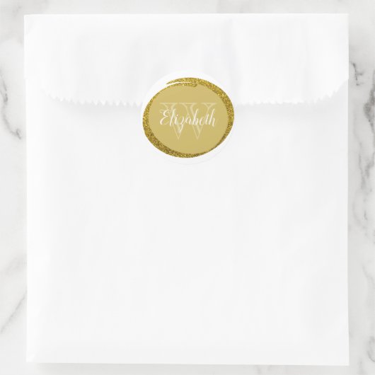Eigen naam Monogram kalligrafie Gold Glitter Ring Ronde Sticker (Tas)
