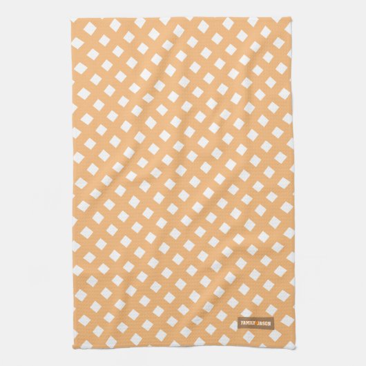 Eigen naam monogram modern patroon oranje wit theedoek (Verticaal)