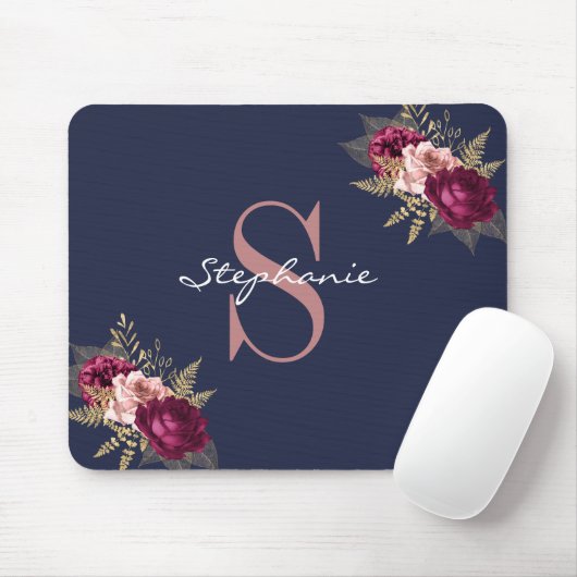 Eigen naam Monogram roze Burgundy Gold Floral Muismat (Met muis)