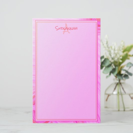 Eigen naam Monogram roze textuurrand Briefpapier (Staand voorkant)