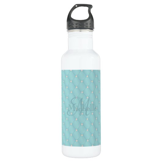 Eigen naam monogram Turquoise Quilt Pattern Waterfles (Voorkant)