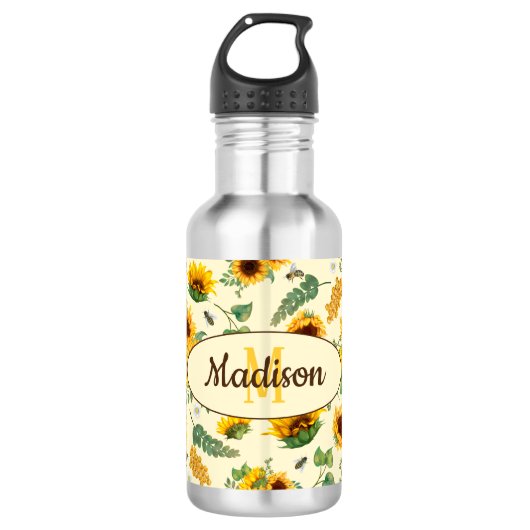 Eigen naam Monogram Water Flacon Zonnebloemen Bone Waterfles (Voorkant)