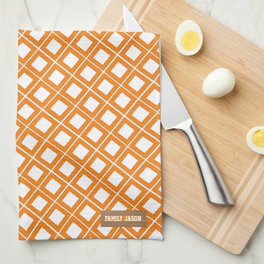 Eigen naam monogram, witte sinaasappel ingecheckt theedoek (Quarter Fold)