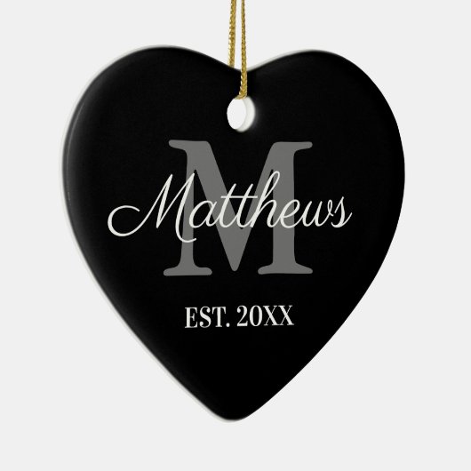 Eigen naam monogram zwart-wit kerstmis keramisch ornament (Rechts)