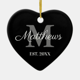 Eigen naam monogram zwart-wit kerstmis keramisch ornament