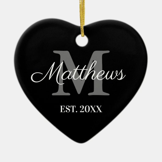 Eigen naam monogram zwart-wit kerstmis keramisch ornament (Voorkant)
