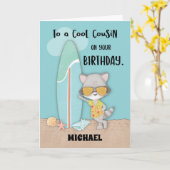 Eigen naam neef Birthday Beach Funny Raccoon Kaart (Gele Bloem)