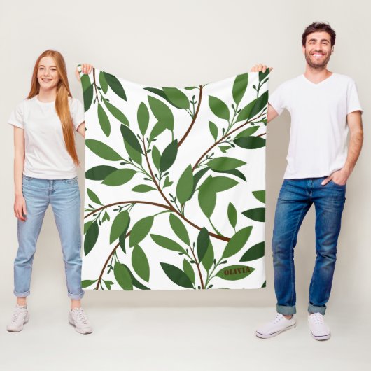 Eigen naam Olive Branch Pattern White Green Leaf Fleece Deken (In situ)
