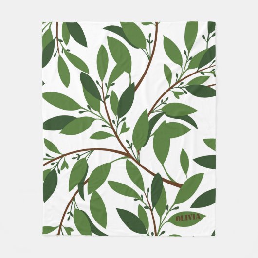 Eigen naam Olive Branch Pattern White Green Leaf Fleece Deken (Voorkant)