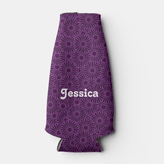 Eigen naam paarse bloemen op zwart flesjeskoeler (Voorkant)