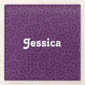Eigen naam paarse bloemen op zwart glazen onderzetter (Voorkant)