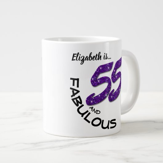 Eigen naam Paarse Glitter 55-jarige verjaardag Grote Koffiekop (Voorkant rechts)