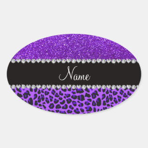 Eigen naam paarse leopard indigo paarse glitter ovale sticker