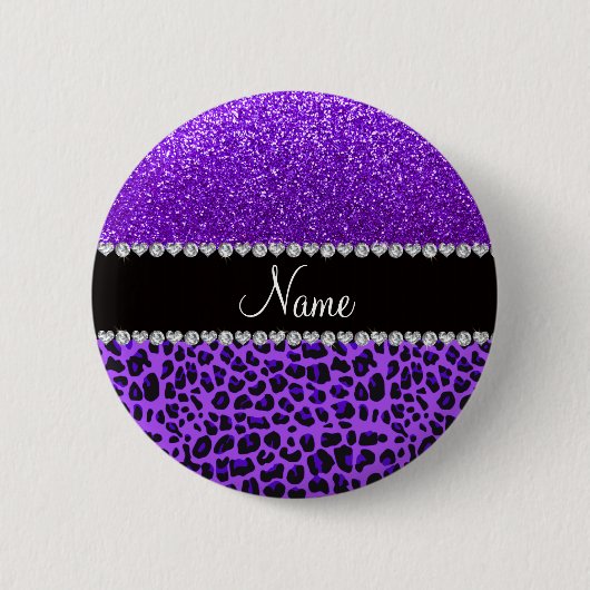 Eigen naam paarse leopard indigo paarse glitter ronde button 5,7 cm (Voorkant)