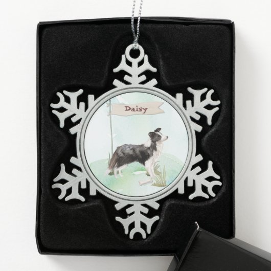 Eigen naam rand Collie Pet Dog Tin Sneeuwvlok Ornament (Kistje)
