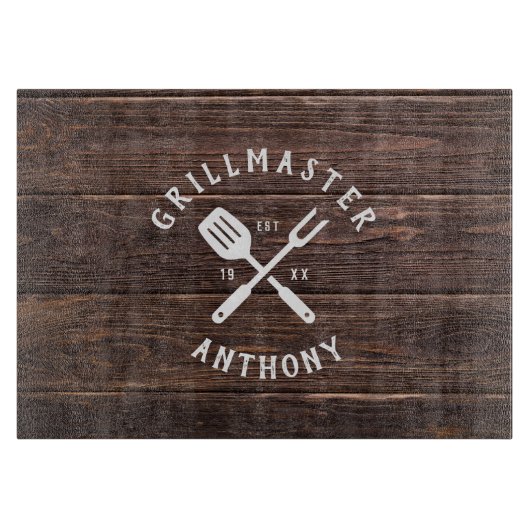 Eigen naam Retro GRILLMASTER Rustic Dark Wood Snijplank (Voorkant)