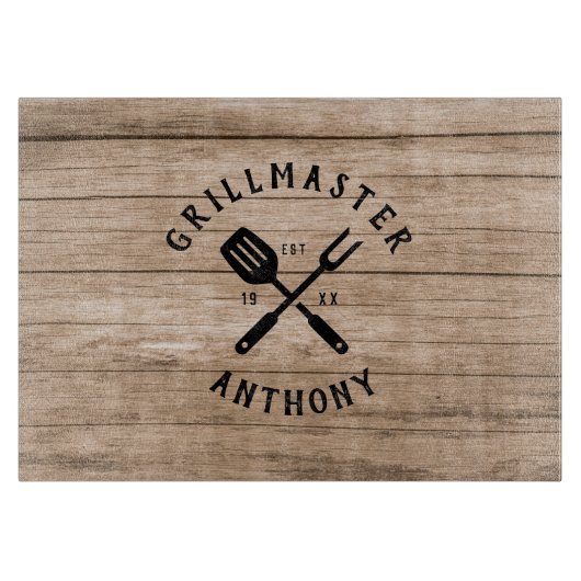Eigen naam Retro GRILLMASTER Rustisch hout Snijplank (Voorkant)