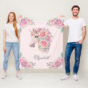 Eigen naam Robuuste Waterverf Floral Unicorn Girls Fleece Deken