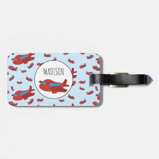Eigen naam rode en blauwe vliegtuigpatroon bagagelabel (Achterkant horizontaal)