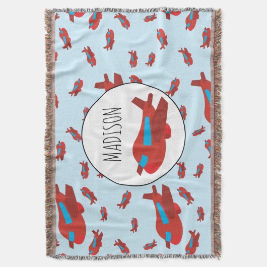 Eigen naam rode en blauwe vliegtuigpatroon deken (Voorkant Verticaal)