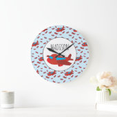 Eigen naam rode en blauwe vliegtuigpatroon grote klok (Huis)