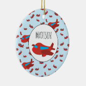 Eigen naam rode en blauwe vliegtuigpatroon keramisch ornament (Rechts)