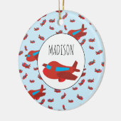 Eigen naam rode en blauwe vliegtuigpatroon keramisch ornament (Links)