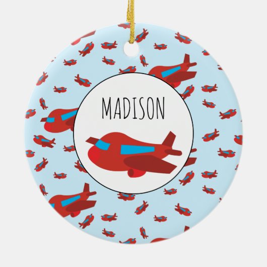 Eigen naam rode en blauwe vliegtuigpatroon keramisch ornament (Achterkant)