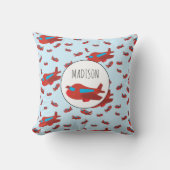 Eigen naam rode en blauwe vliegtuigpatroon kussen (Voorkant)