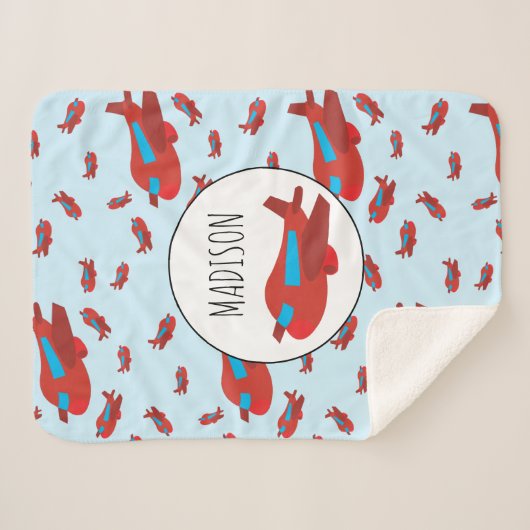 Eigen naam rode en blauwe vliegtuigpatroon sherpa deken (Voorkant (horizontaal))