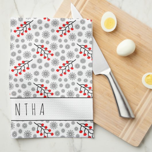 Eigen naam Rode grijze Scandinavian Floral Pattern Theedoek (Quarter Fold)