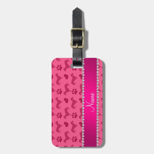 Eigen naam roze dachshunds hekken poten bagagelabel (Voorkant verticaal)